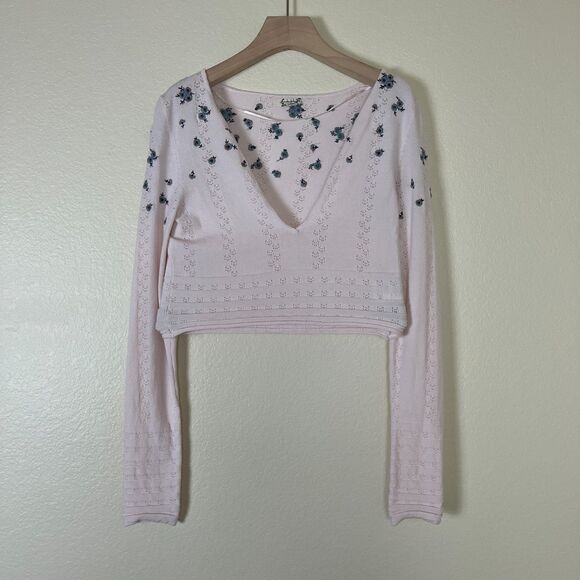 Free People Women Size M Pink Chilled Out V-Neck Crop Floral Embroidered Top - Picture 3 of 14